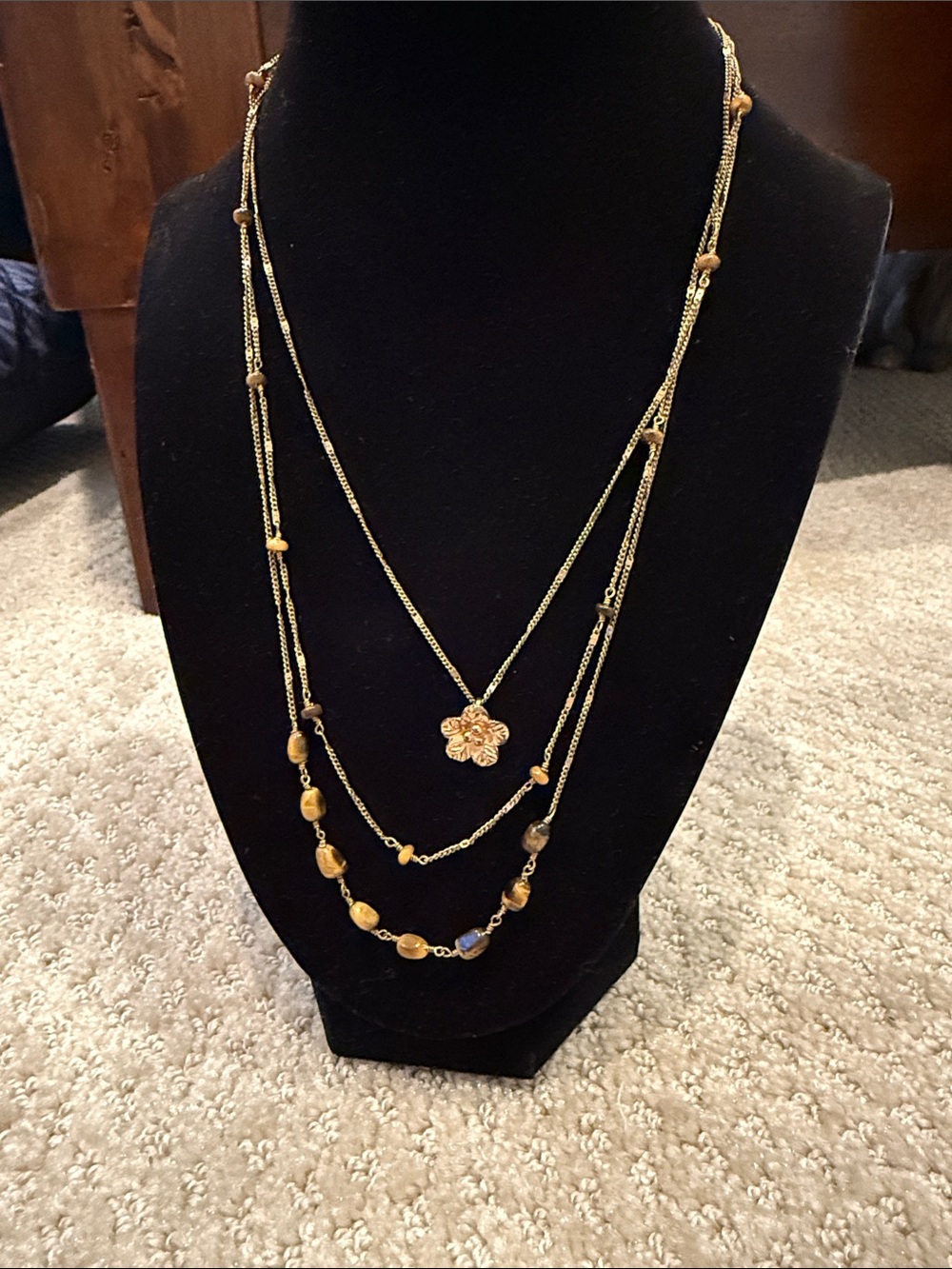 Gold-Tone Layered Floral Pendant Necklace with Brown Bead Accents